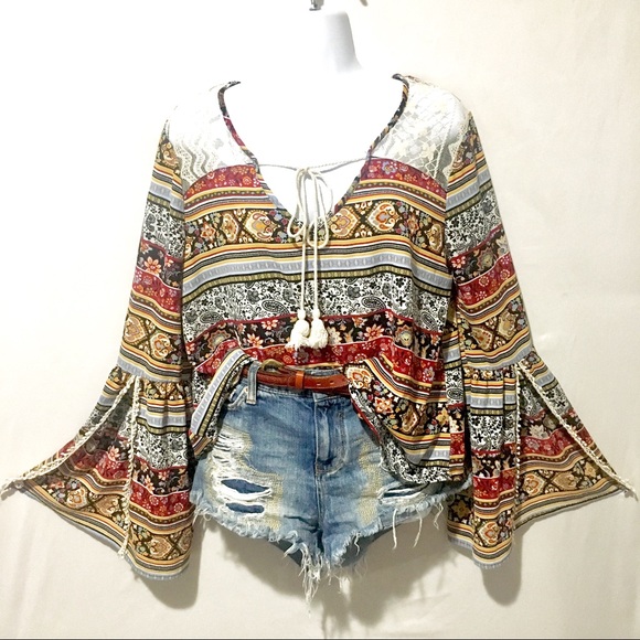 Olsenboye Tops - Olsenboye boho native split bell sleeve tribal top
